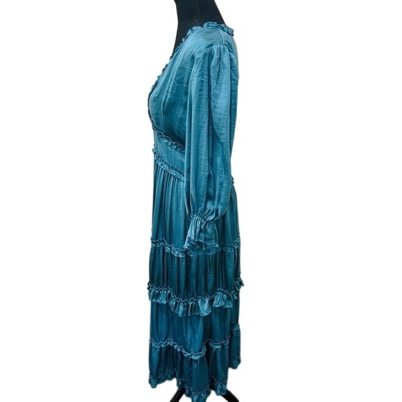 Emerald Satin Flowy Tiered Maxi Dress Ruffle Romantic  Boho - Picture 3 of 6